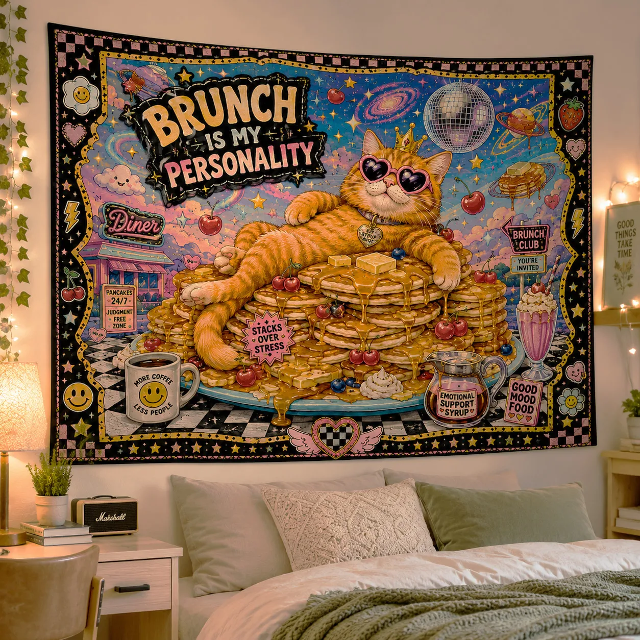 Retro Orange Cat Tapestry Wall Art Cute Animal Disco Woven Blanket Brunch Landscape Room Decoration