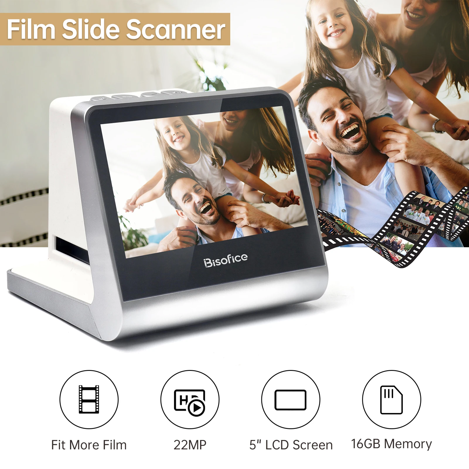 Bisofice 5'' LCD Screen Film Slide Scanner for 135 Film 126KPK /110 Film/Super8/ Monochrome/Slide to Digital JPEG Photos 16GB