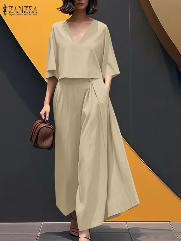 

ZANZEA Woman 3/4 Sleeve V-Neck Crop Tops 2 Piece Sets Fashion Casual Commute Loose 2PCS Outfits Wide Leg Pants Solid Pant Suits