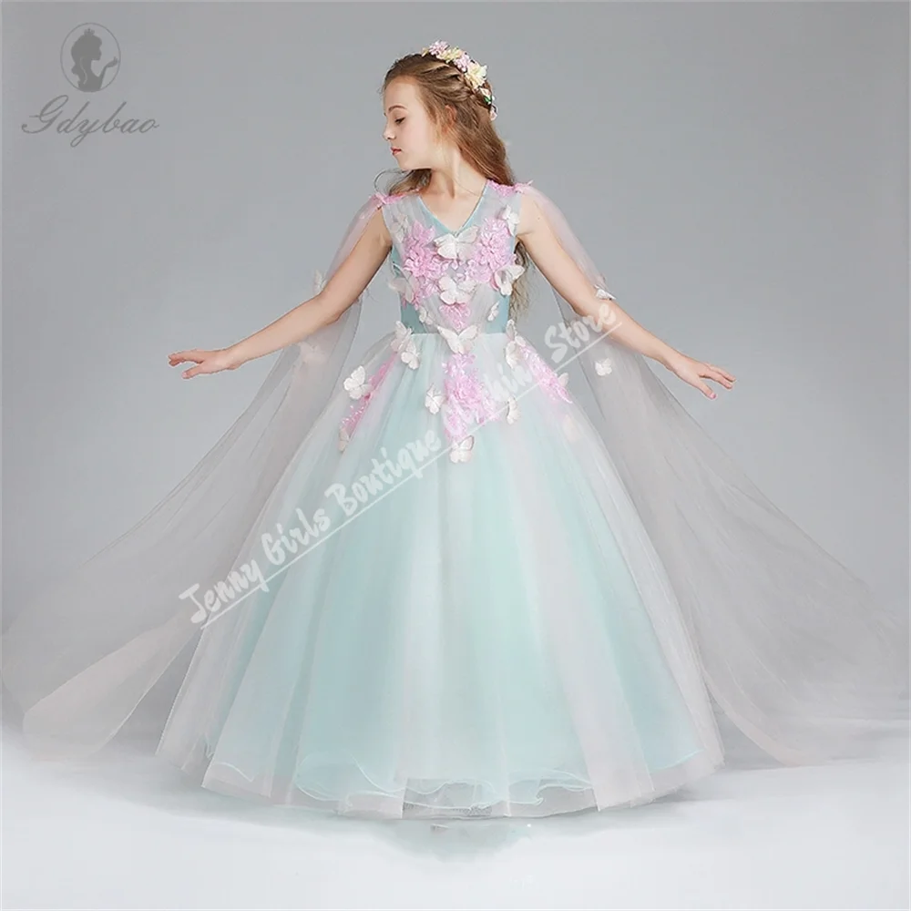 Rosa Applikation Luxus Prinzessin elegantes Blumen mädchen Kleid für Hochzeit geschwollene Tüll Ball Kinder Party Kommunion Abendkleid