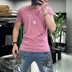 Men's Short Sleeved T-shirt Slim Korean Breathable Small Logo Simple Pink Male Tees Plus Size 7xl Causal Daily Homme Wear Tops