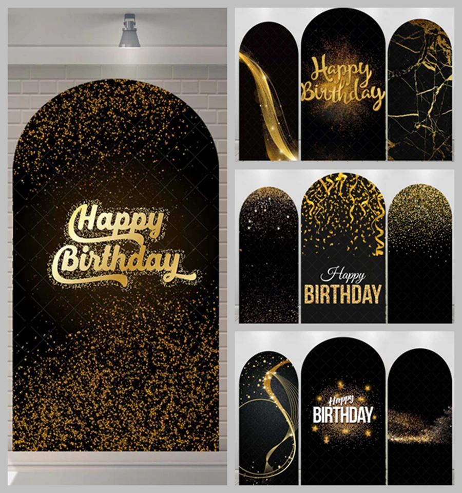 

Gold Sequin Black Arched Background Cover Gold Streamline Luxury Sparkle Happy Birthday Adult Party Decoration Photography Props
