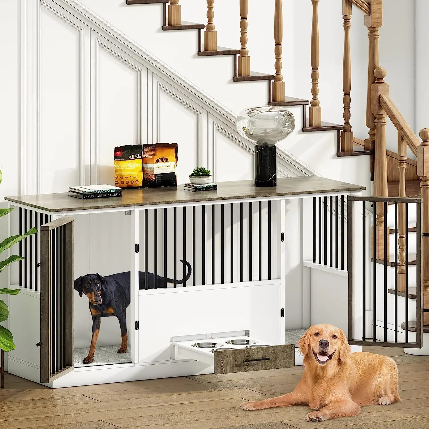 A few pet kennels by the sofa, integrated cabinets, lockers, steel and wood panel furniture, dog cages, indoor kennels