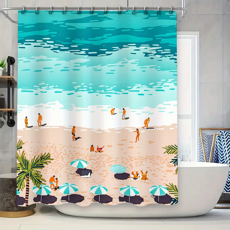 Beach Life Shower Curtain with Umbrellas, Beachgoers Palm Trees Blue Oceans Orange Sand Waterproof Fabric for Bathroom Decoratio