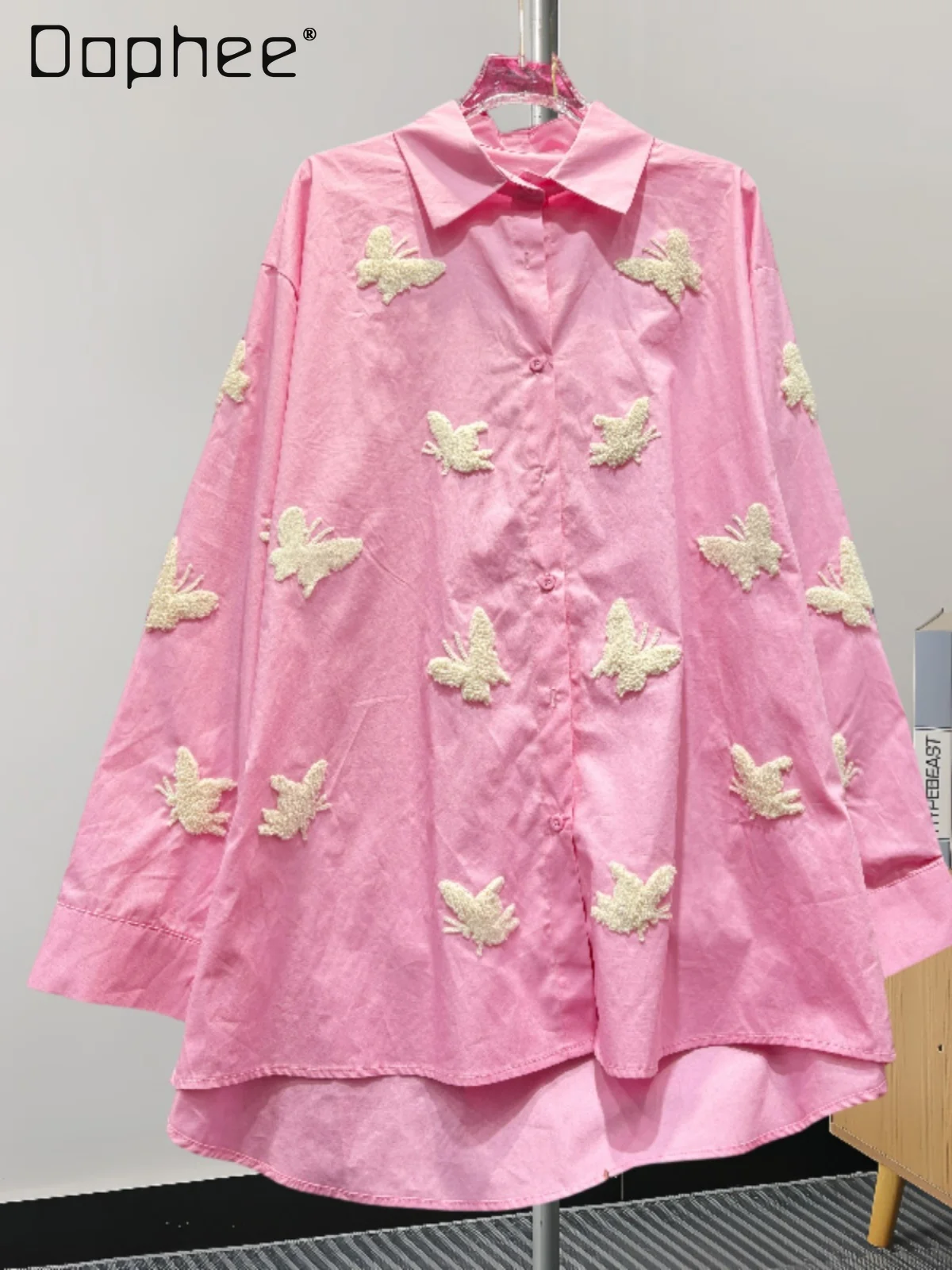 Outono nova moda casual versátil camisa de manga longa 3d borboleta bordado turn-down colarinho solto fino camisa de grandes dimensões feminina