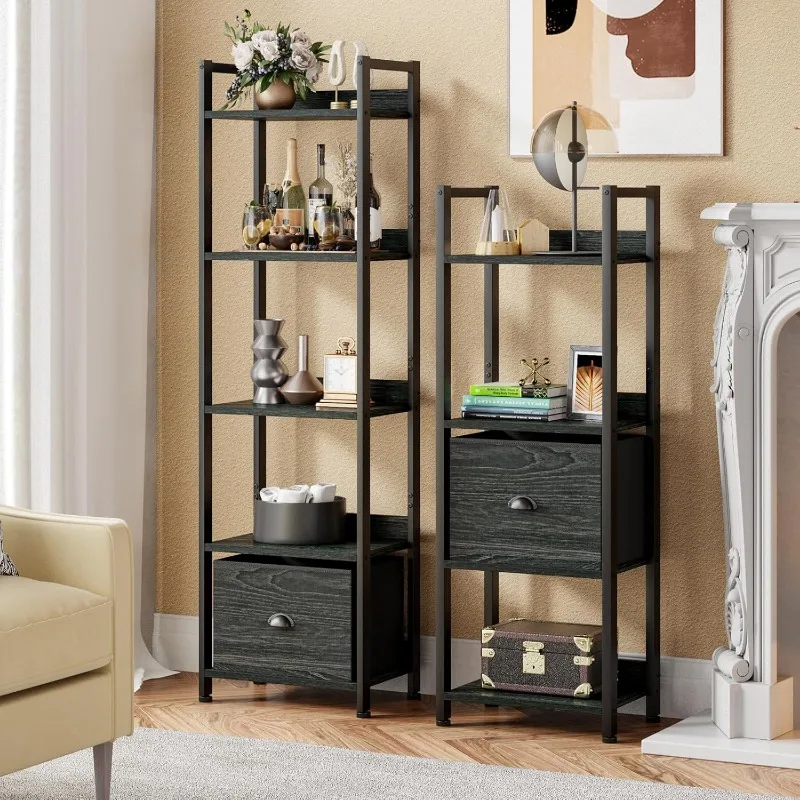 5 Tier Bookshelf with Drawer, Kitchen Bakers Rack with Storage, Tall Narrow Bookcase, Industrial Free Standing Display Shelf,