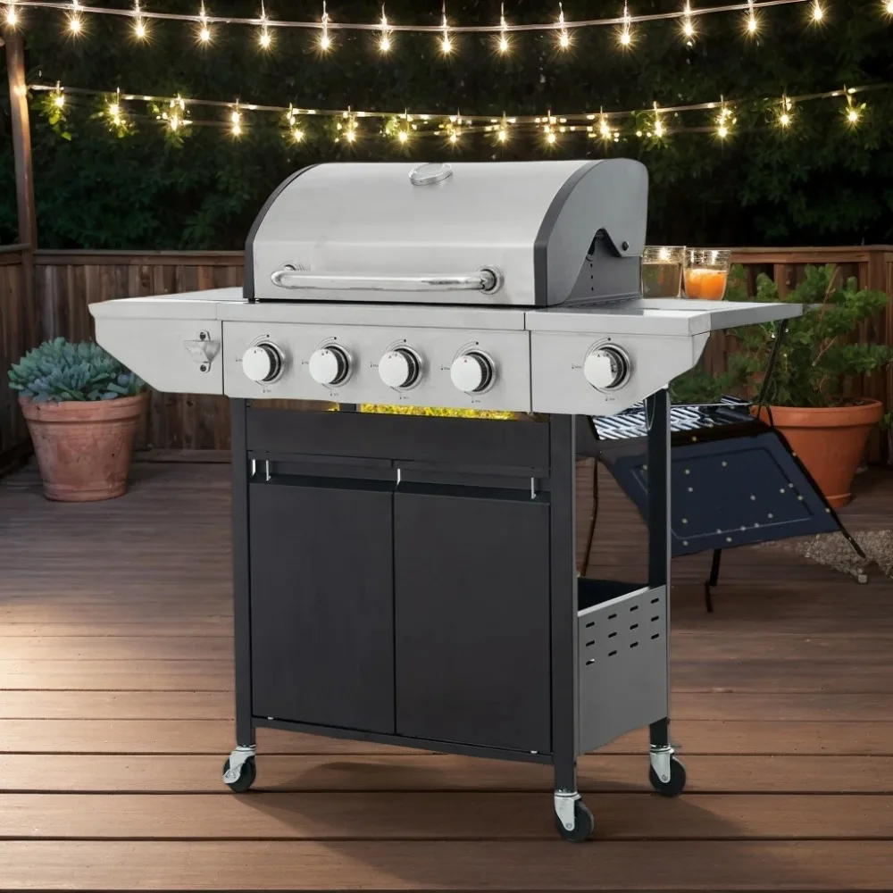 

Propane Grill 4 Burner Barbecue Grill Stainless Steel Gas Grill with Side Burner and Thermometer for Outdoor BBQ, Camping