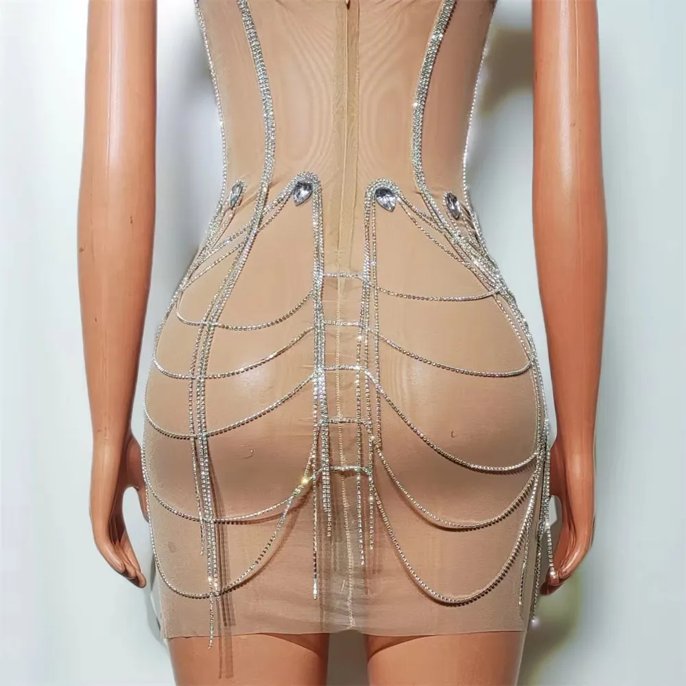 섹시한 스트랩리스 숏 드레스 럭셔리 라인스톤 체인 투명 프롬 드레스 셀럽 생일 나이트클럽 사진 촬영 의상