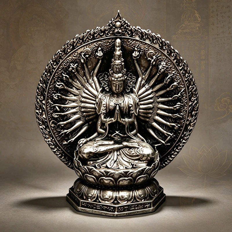 Vintage Silver Thousand-Hand Guanyin Statue Sahasrabhuja Avalokiteshvara Tibetan Buddhist Bodhisattva Sculpture Altar Decor