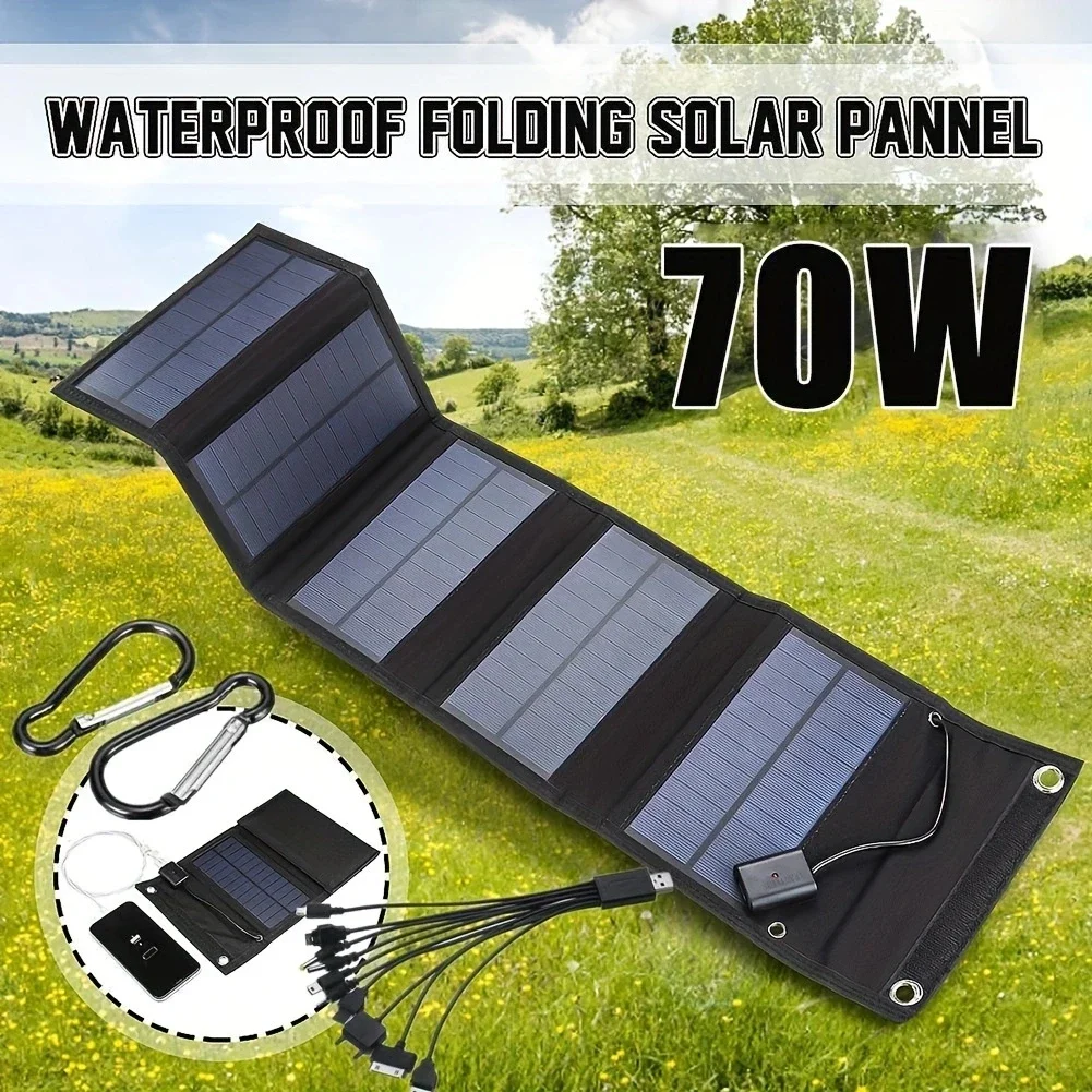 70W Foldable Solar Panel 5V USB Portable Battery Charger for Cell Phone Outdoor Waterproof Power Bank for Camping Accessories