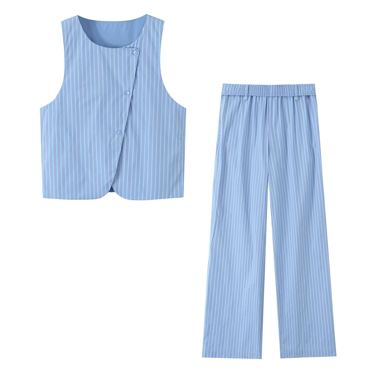 2025 Summer Women's Clothing Design Sense Niche Blue Striped Sleeveless Vest Loose Wide Leg Pants Hanging Pants