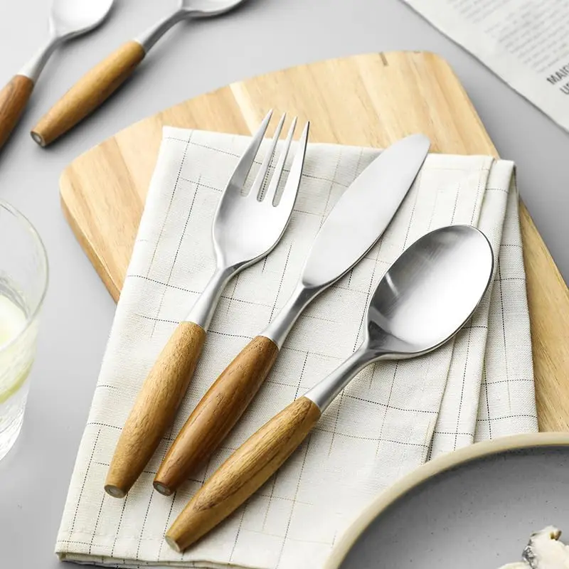 

Silverware Set, 3/12/18/24/30/36 Pieces Rosewood Knife, Fork And Spoon Stainless Steel Fork Spoon Dessert Fork Retro