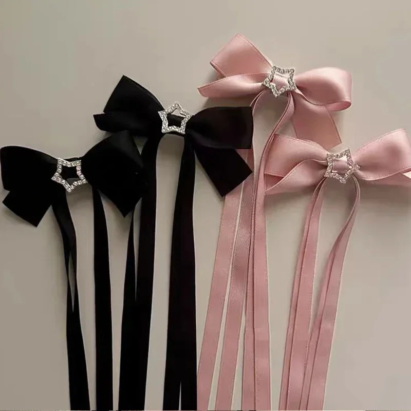 

Vintage Velvet Pink Crystal Bow Hair Clip Long Ribbon Hairpin Barrettes Headband For Women Girl Hair Accessories Wedding Jewelry