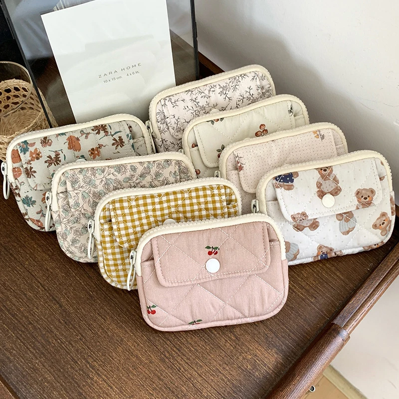 

Stripe Floral Coin Purse Flower Korean Style Small Makeup Lipstick Bag Jewelry Packing Bag Earphone Bag Mini Storage Bag