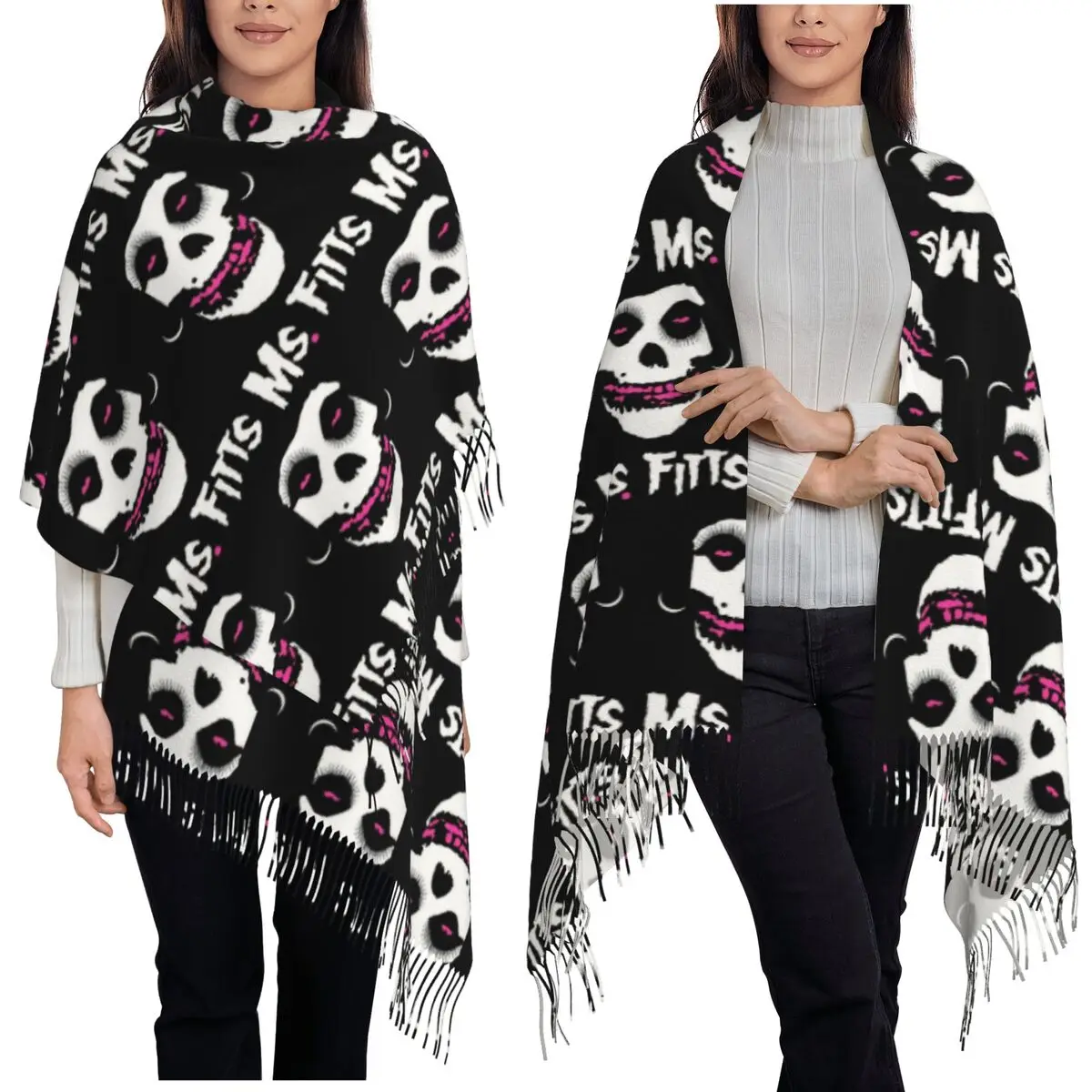 

Rock Punk Band Misfits Skull Face Pattern Heavy Metal Scarf Tassel Scarves Women Shawls and Wraps Large Fall Winter Shawl Wrap