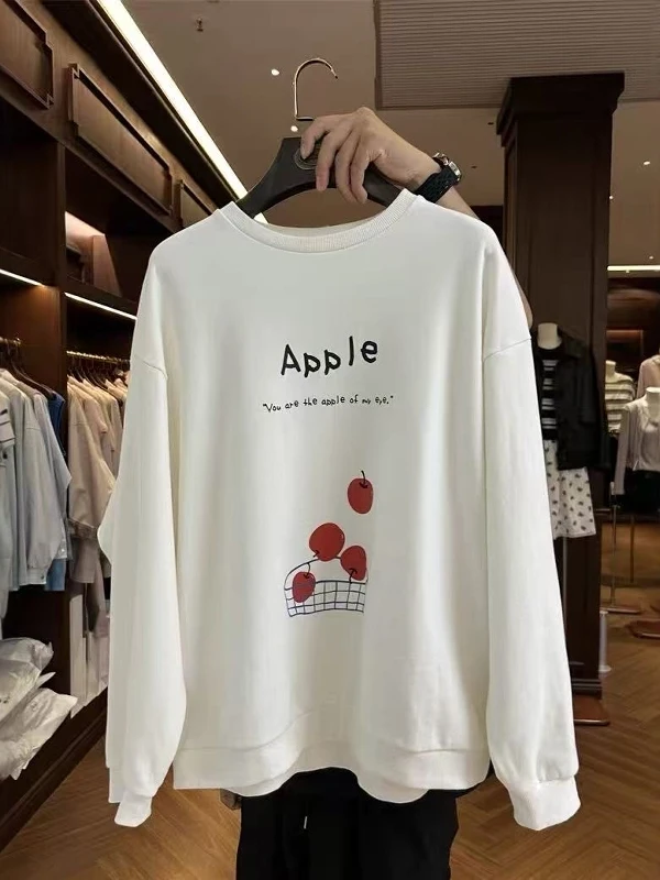 Camiseta con estampado de talla grande para mujer, camiseta informal de otoño, cómoda versión coreana, Top holgado, sudadera