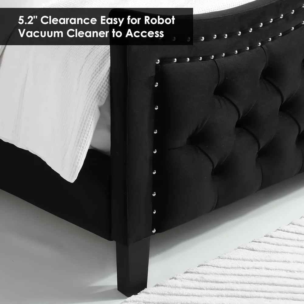 Bed Frame, 55" Headboard Upholstered Bed with Tall Footbaord, Velvet Handmade Pleats Deep Button Tufted Wingback Platform Bed