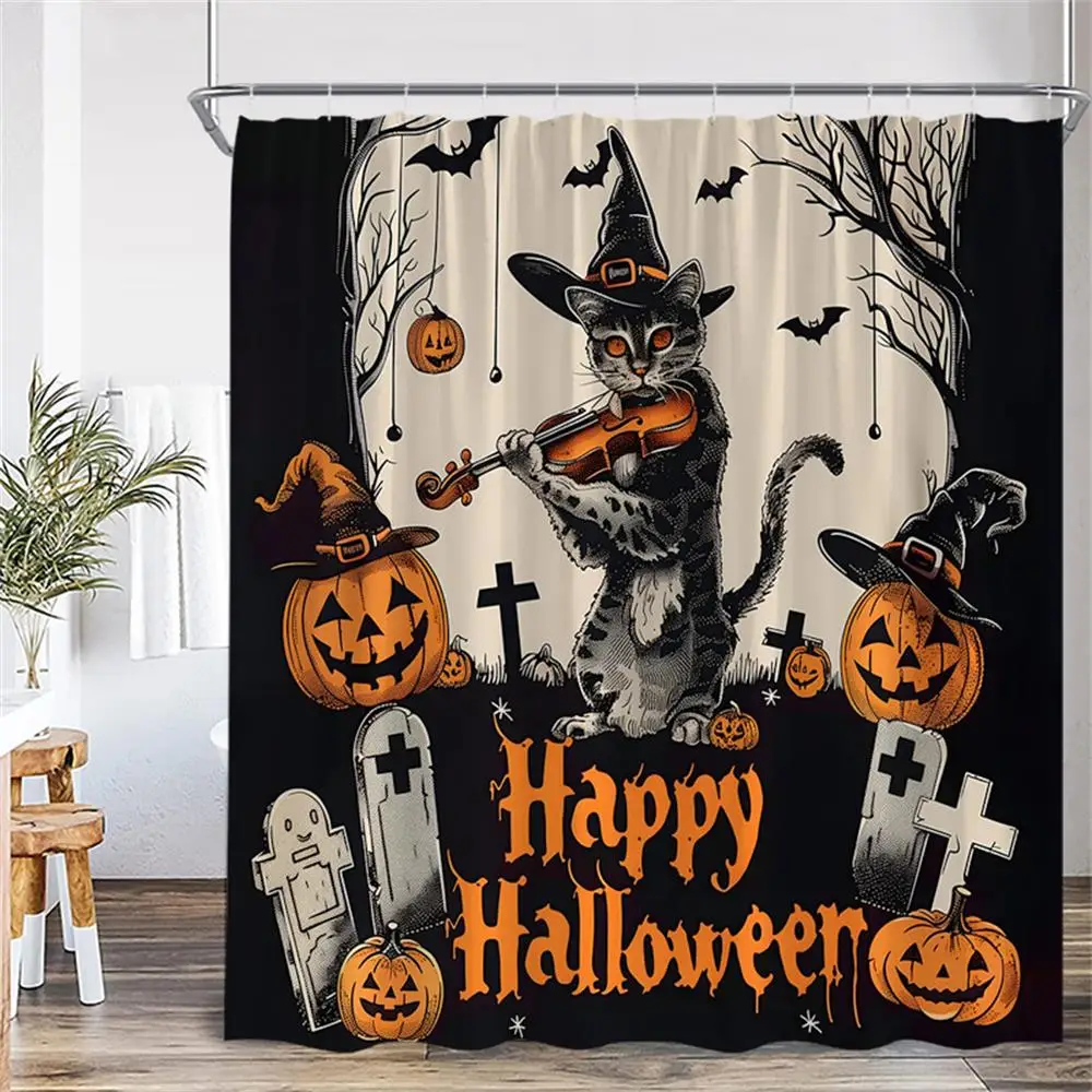 Halloween Shower Curtain Horror Skeleton Pumpkin Lamp Skull Black Raven Cat Bat Tombstone Castle Vintage Bathroom Decor Curtains