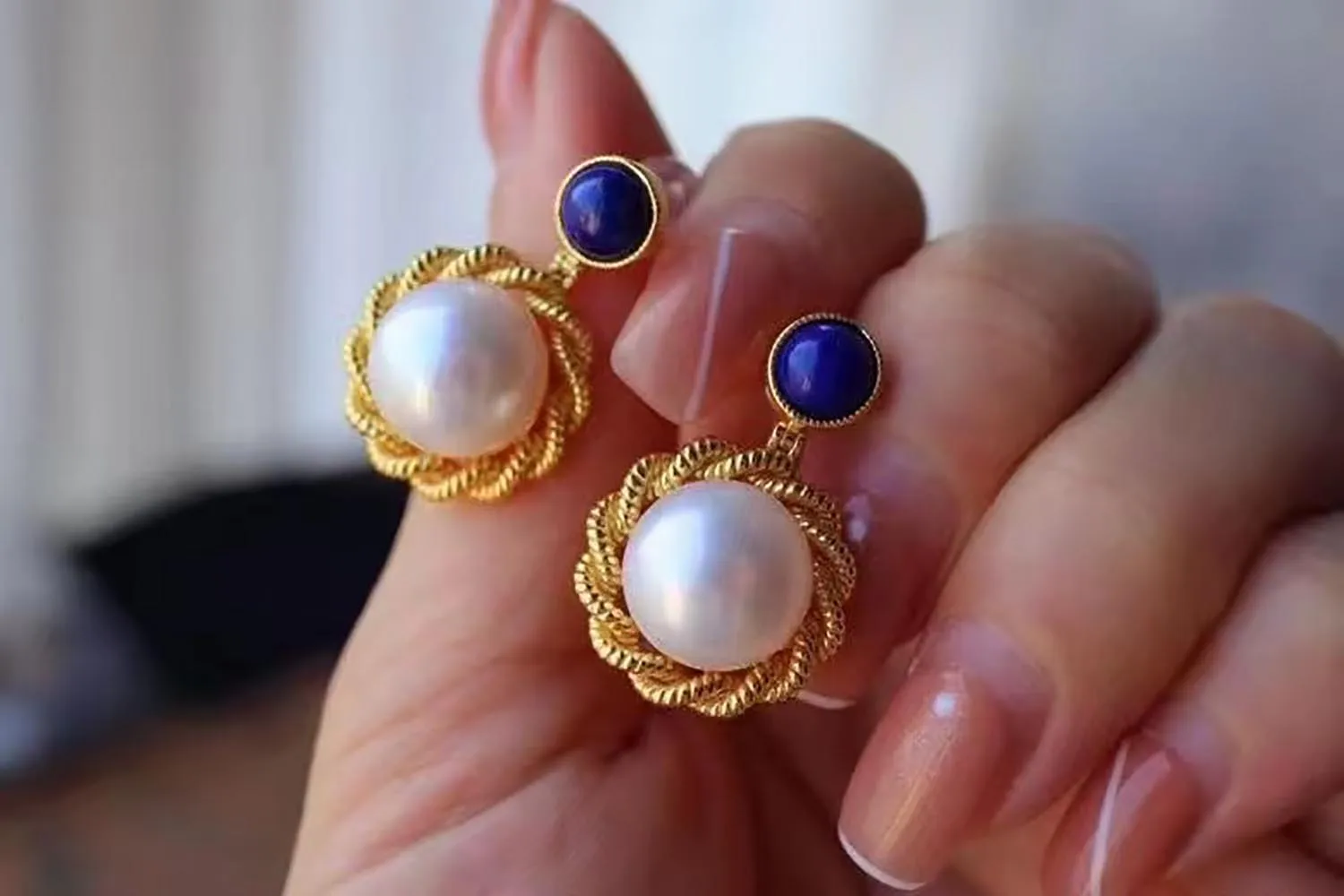 1pcs/lot Selected vintage aurora bread pearl lapis lazuli drop earrings Sterling silver plated 18k gold craftsmanship exquisite