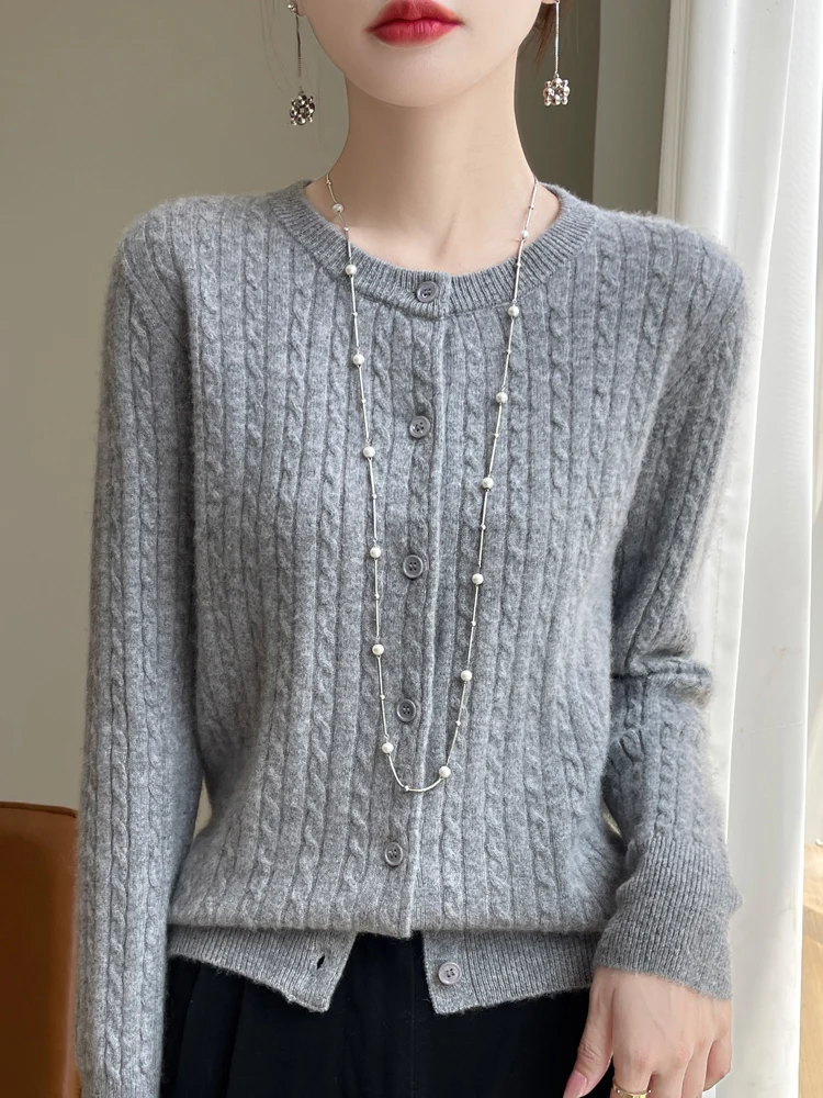 Cardigan Jacquard de couleur unie, col rond, pull en laine mérinos, doux et chaud, tricot Sexy, hauts féminins, nouvelle collection automne hiver 100%