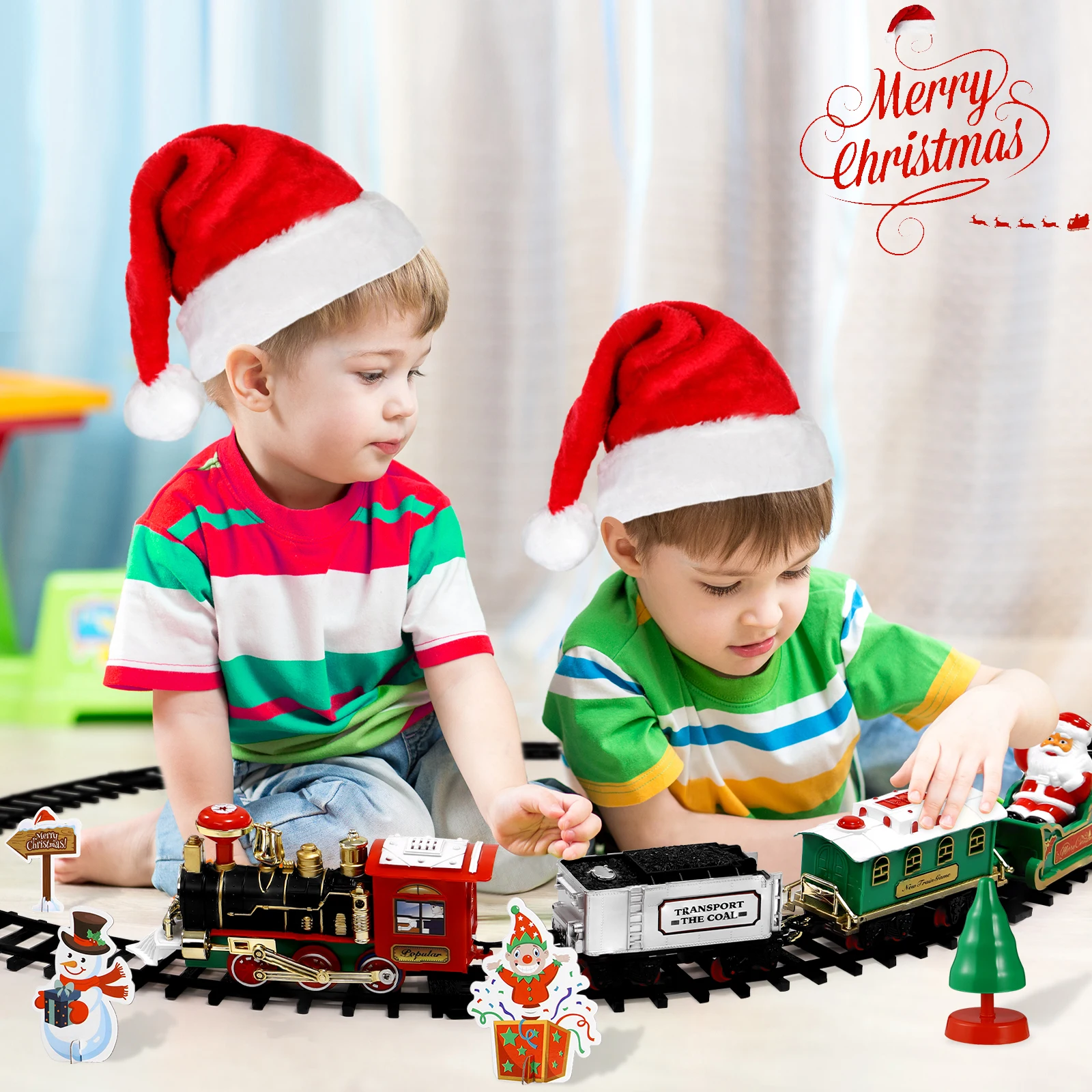 

Christmas Train Set 1 Locomotive 1 Carriage Coal Car Santa Claus 2 Turning Tracks Kids Toy Mini Non Remote