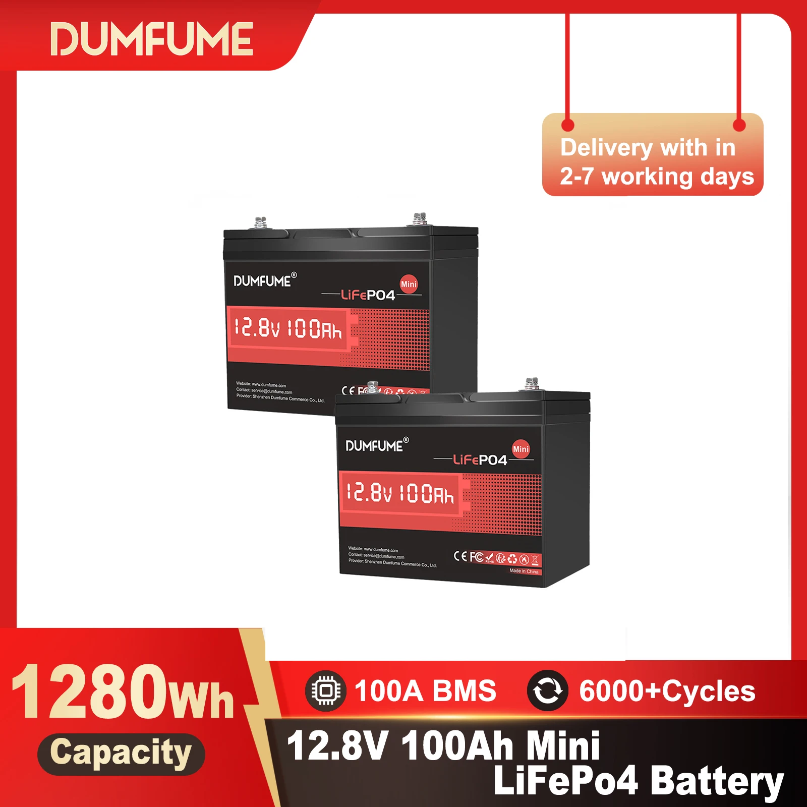 Dumfume 2 عبوات 12 فولت 100 أمبير بطارية LiFePO4 صغيرة مدمجة 100 أمبير BMS بطاريات ليثيوم مثالية لتخزين الطاقة المنزلية الشمسية خارج الشبكة #1