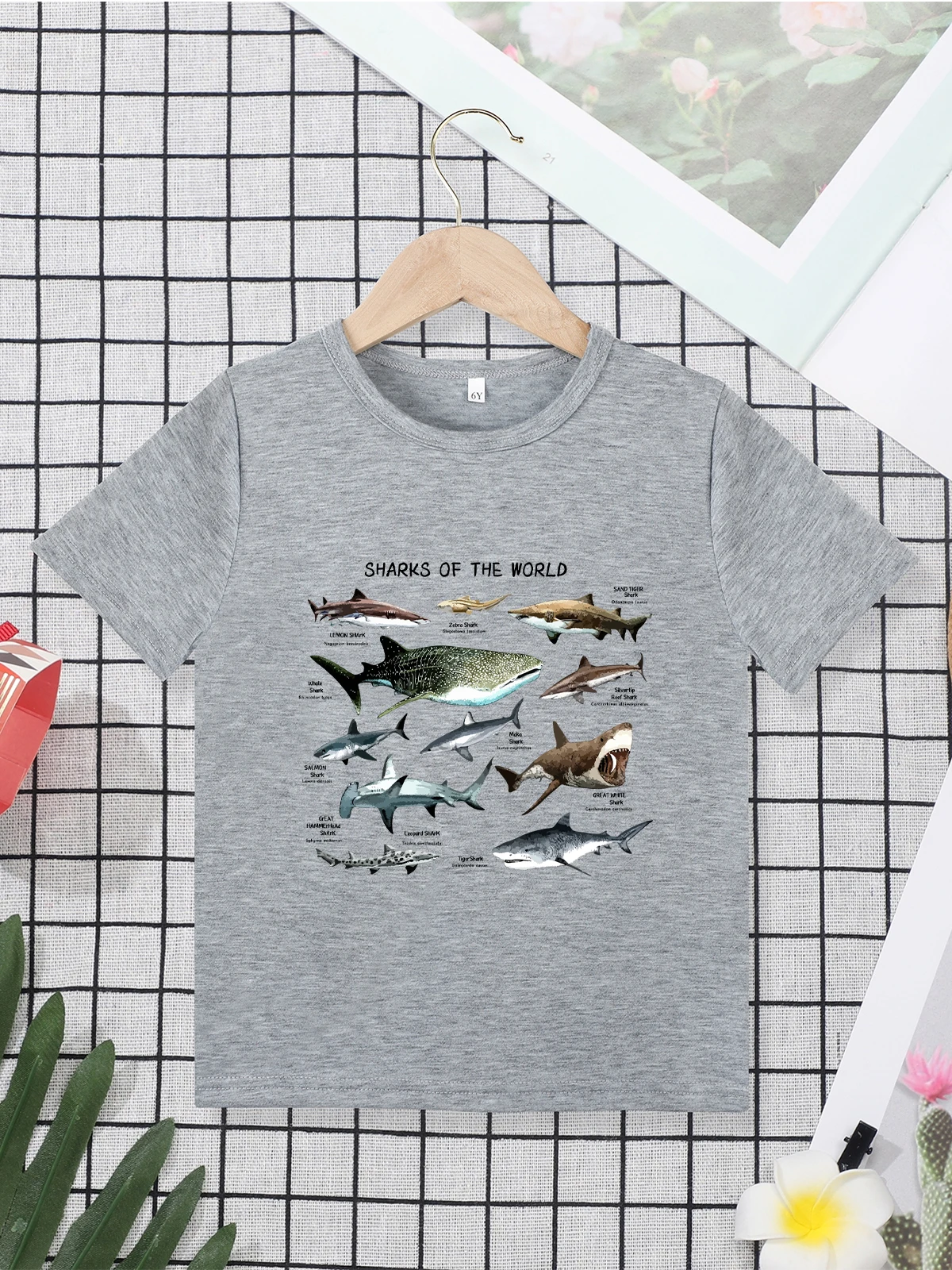 Grey T-shirt for boys, aquarium shark cartoon print, summer casual and comfortable T-shirt for young children