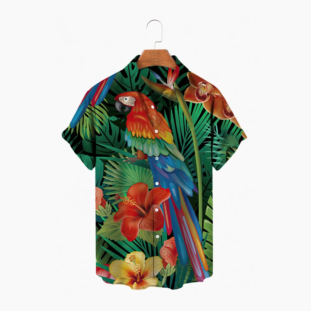 Hawaiian Men\'s Short Sleeved Shirt, Open Neck, Single Button, Parrot And Animal Print, Fashion, Beach Top, Summer 2024