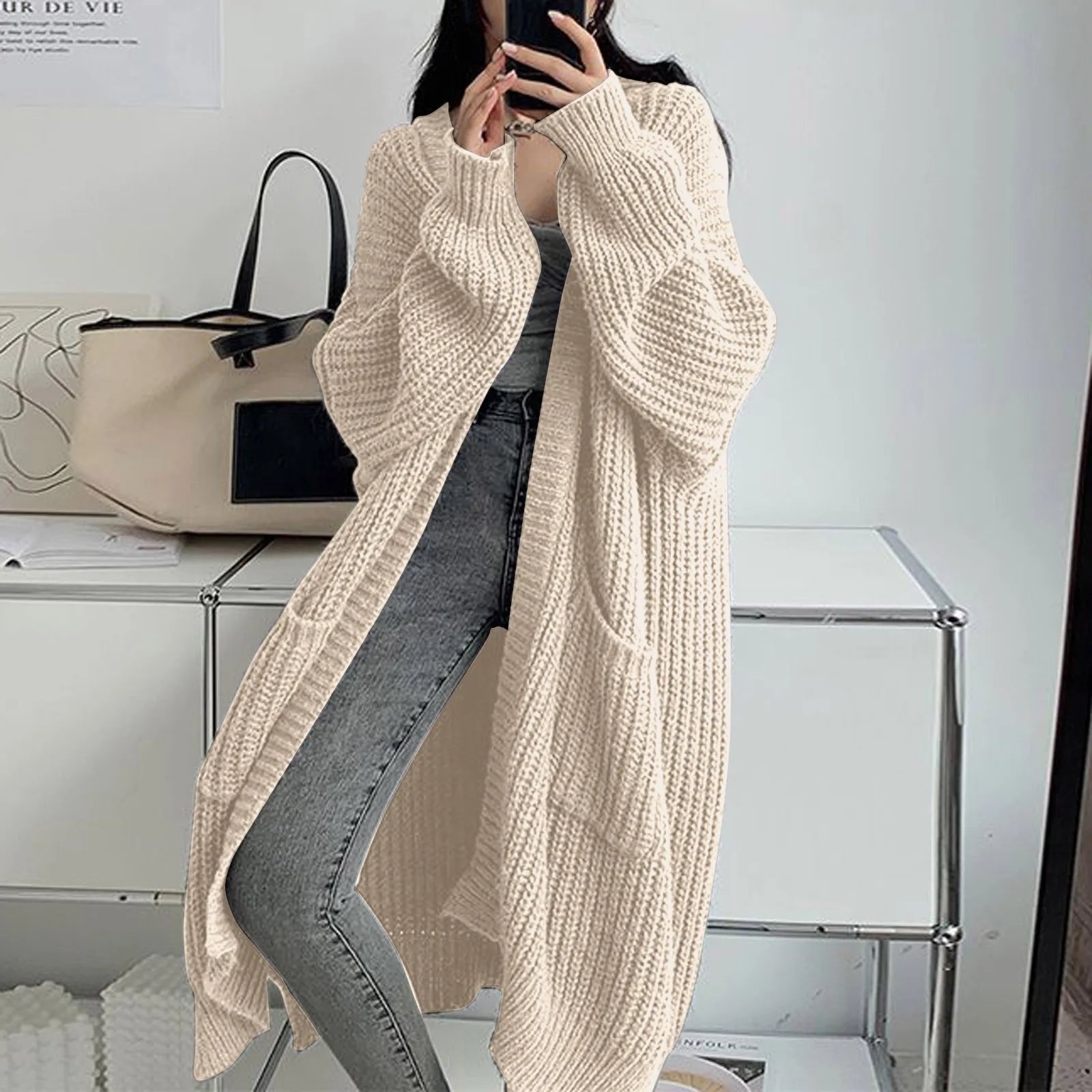 Women\'s Long Cardigan solid color autumn winter clothes Knitted fluffy long sleeve Cashmere sweater coat Lazy style warm vintage