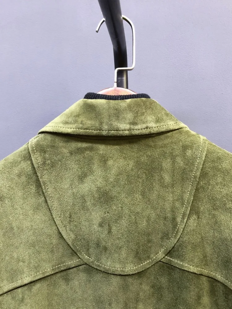 Genuine Suede Leather Lady Jacket Turndown Collar Zipper Short Coat Green Natural Sheepskin Motorcycle Jackets Autumn Outerwear