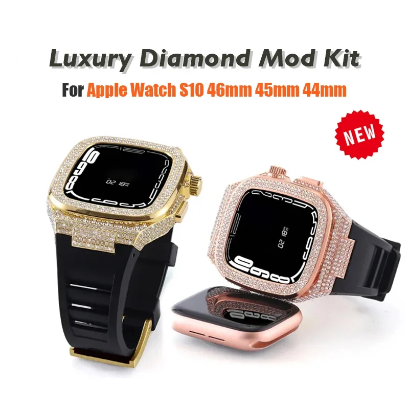 

Роскошный корпус из нержавеющей стали с бриллиантами + комплект модификации резинового ремешка для Apple Watch Band 10 9 8 7 6 5 46 мм 45 мм SE 44 мм для IWatch