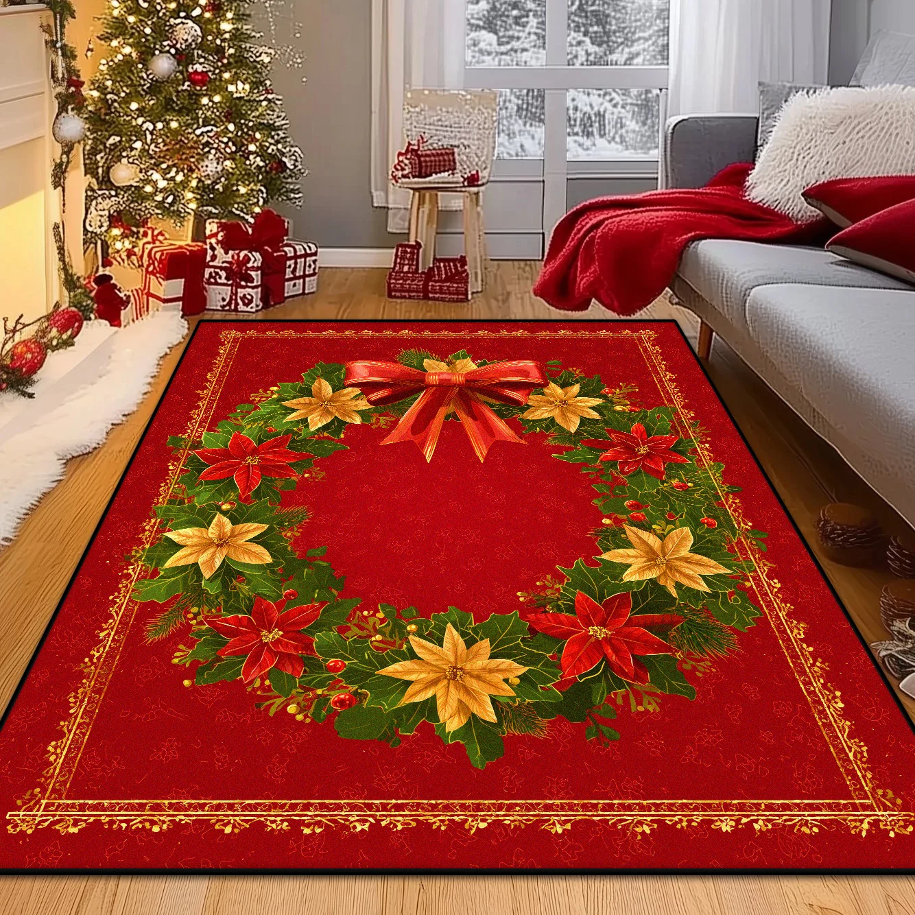 

Рождественский подарок: Большой ковер с растительным узором для гостиной, красный, противоскользящий, для зоны отдыха, спальни, машинная стирка, коврик для дивана и стола