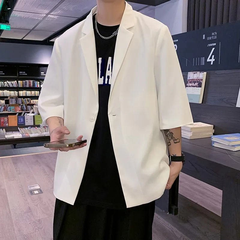 Summer Men\'s Short Sleeve Casual Blazer Jacket Black White Thin Oversize Suit Coat Male Solid One Button Loose Outerwear Clothes