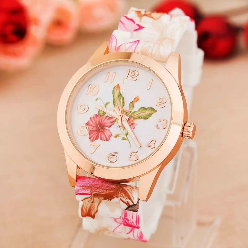 Reloj informal de moda con correa de silicona para mujer, relojes de cuarzo de lujo con patrón de flores, Reloj de pulsera multicolor