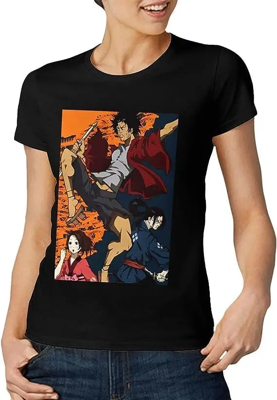 Samurai Anime Champloo Shirt Women's Fashion Short Sleeve Cotton T Shirts Quick Dry Pattern Custom Tee Tops Black