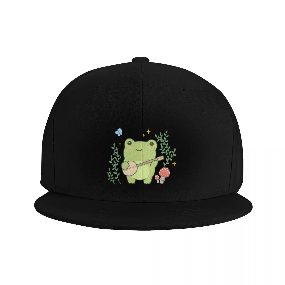 Cute Kawaii Frog Playing Banjo - Toad Plant Fungi Blue Butterfly - Cottagecore Aesthetic Mushroom - Chubby Phrog Baseball Cap