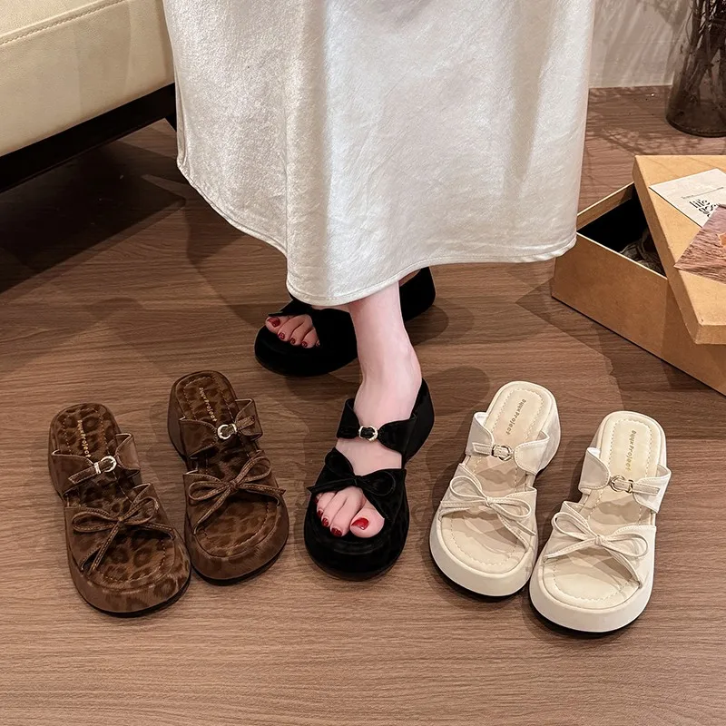 

Women Bow Knot Platform Slide Sandals Open Toe Slip On Thick Sole Summer Casual Leopard Print Anti-Slip Slippers for Daily Wear
