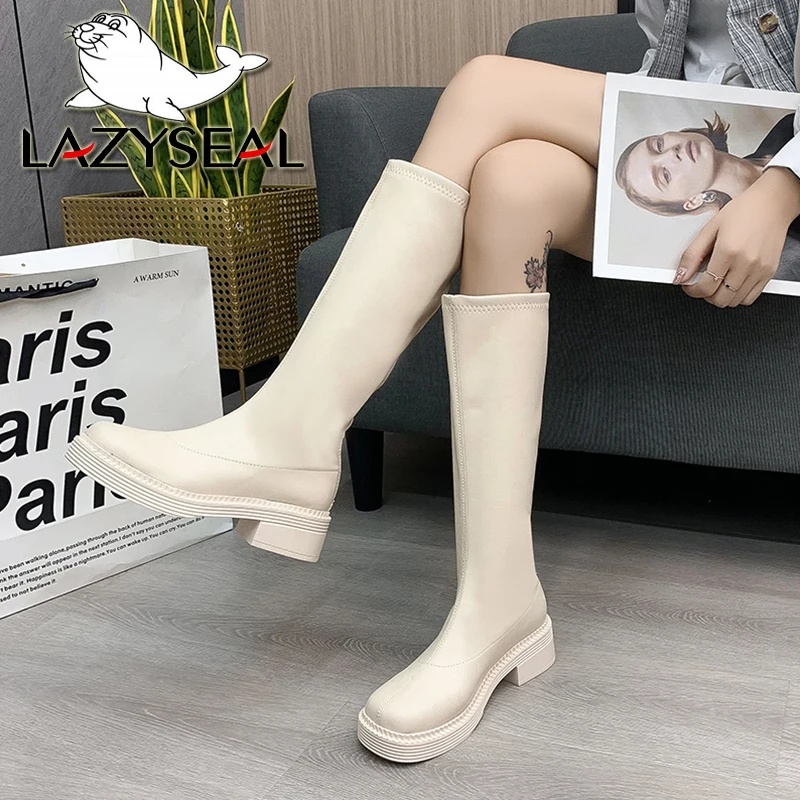 LazySeal Black White Knee Boots Square Toe Autumn Winter Zipper Fashion Women Boots 4.5cm Med Heels Modern Boots Big Size 44