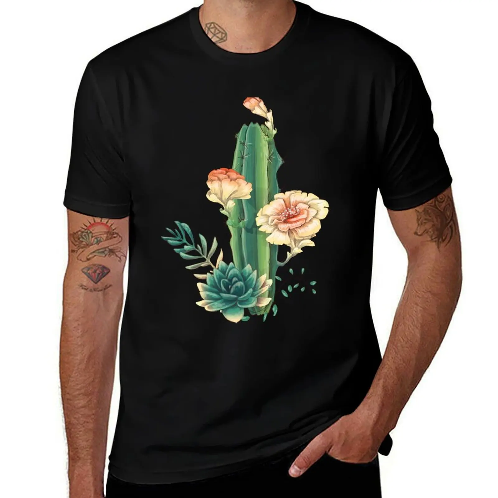 Cactus and Flowers Watercolor Realistic Drawing | Flower Lovers Gift T-Shirt Work Daily Short Sleeve Top T-Shirt