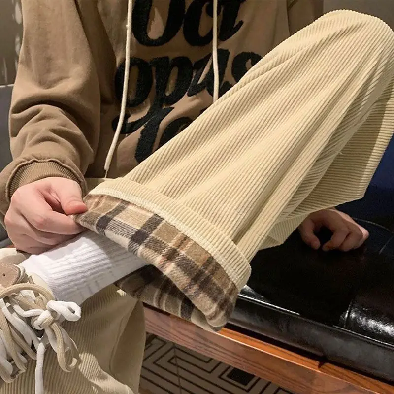 

New Korean Version Corduroy Flanked Checkered Pants for Men Elastic Waist Loose Versatile Casual Sports Straight Leg Trousers