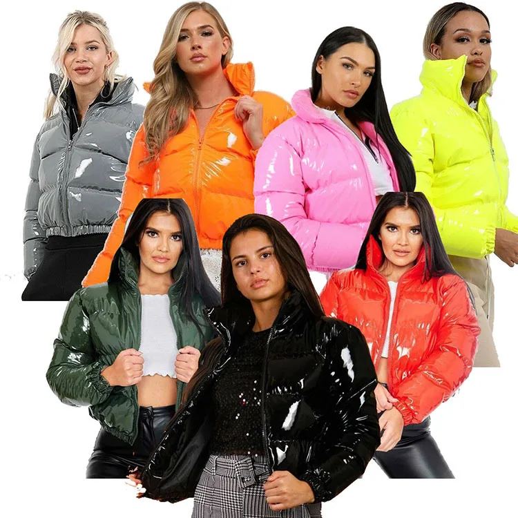 Cropped Y2k Bubble Jacket 18 Colors Faux PU Leather Solid Zipper Stand Collar Turtleneck Shiny Women Winter Warm Puffer Coat