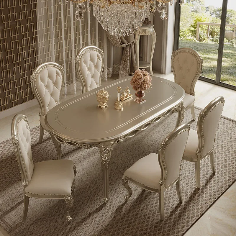

French light luxury solid wood long dining table household dining table oval dining table and chair combination European America