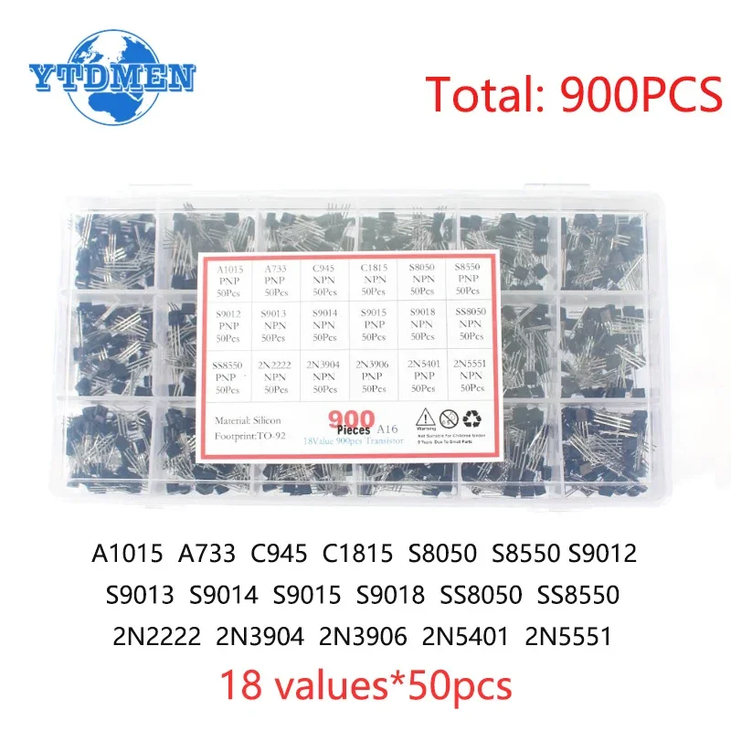 900PCS TO-92 Transistor Kit 18 Types  A1015-2N5551 PNP NPN Triode Transistors C945 C1815 S8050 S8550 S9014 S9015 SS8050 2N2222