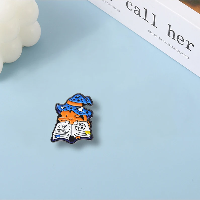 Wizard Spells Halloween Enamel Pin, Cute Magical Cat with Book Brooches, Lapel Badge Cartoon Jewelry