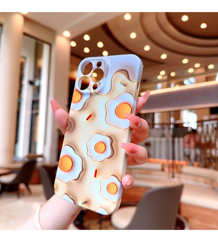 Cute Poached Egg Illusion Print Smooth Phone Case For Iphone 12 13 14 15 16 17 Sweet Food Theme Girly Cover