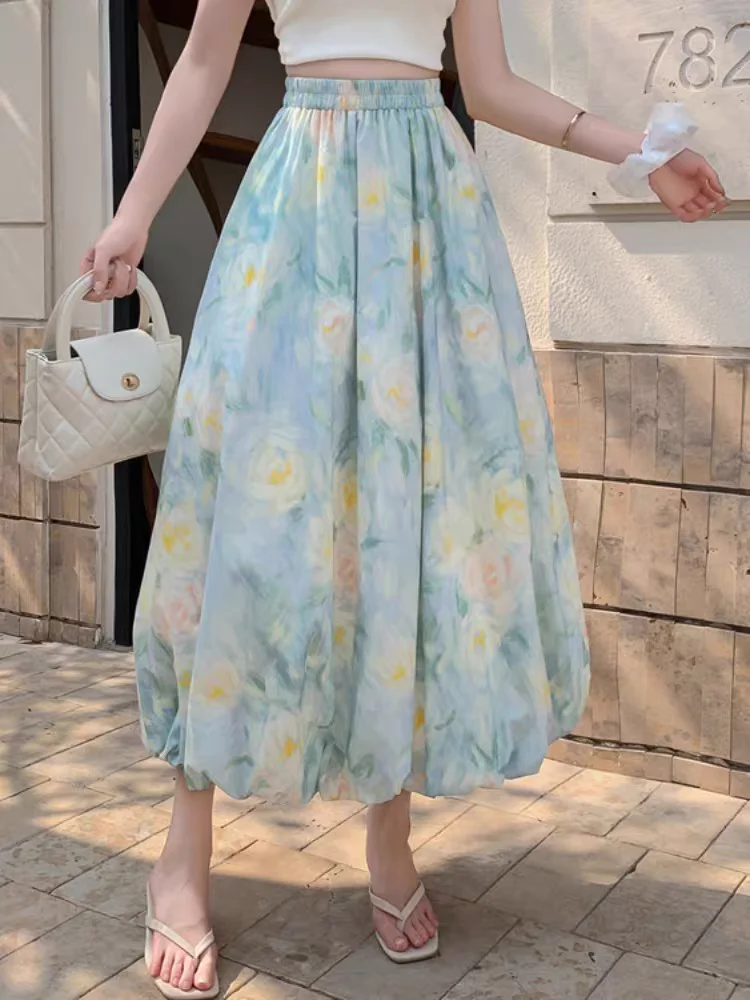 

Women's Floral Puff Hem Midi Skirt: Summer High Waist A-Line Skirt with Pleats & Casual Print