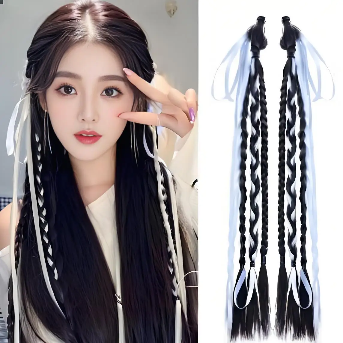 

Women's Synthetic Wigs New Chinese Style Natural Boxing Bandage Braid Bow Clip Hairpieces Wig Accessories