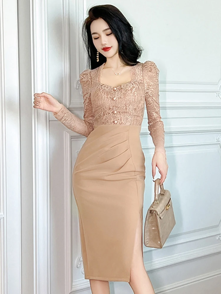 Nuovo Falso 2 Pezzi Abiti per Occasioni Formali Donna Mujer Donna Elegante Ufficio Colletto Quadrato Abito Sottile Abiti Robe Femme Moda