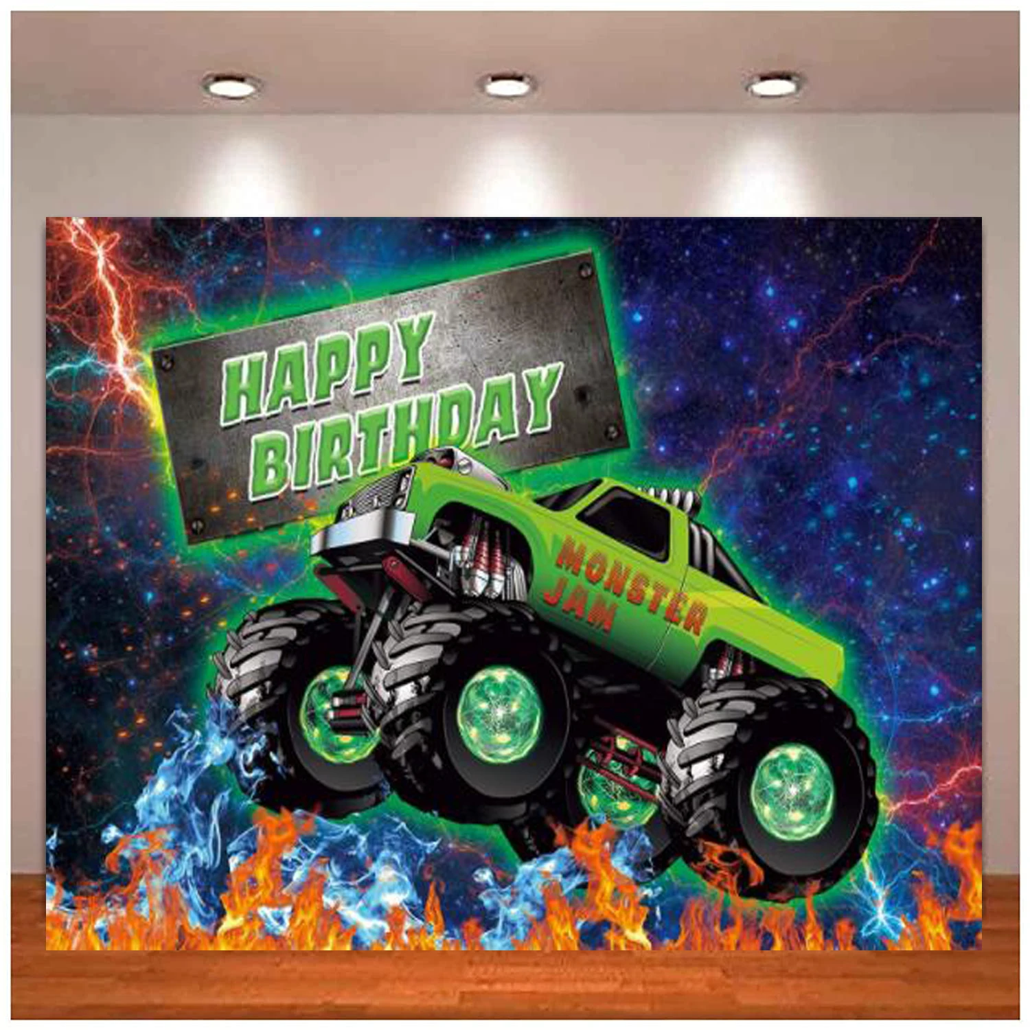 

Monster Truck Photography Backdrop Happy Birthday Digger Big Wheels Light Terrain Racing Cars Kids Fan Background Supplies Decor