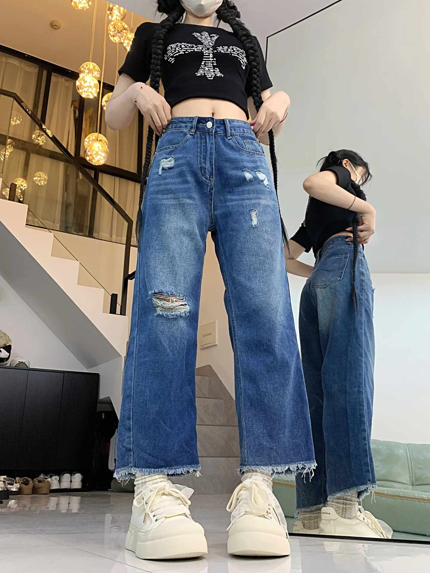 

Прямые джинсы больших размеров в американском стиле с рваным подолом, женские осенние свободные утягивающие маленькие широкие брюки с девятью точками